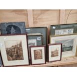 VARIOUS ANTIQUE FRAMED MAPS AND ENGRAVINGS, A ENGRAVED SLATE PANEL, AND THREE FURTHER ETCHINGS