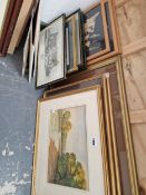 A SMALL ANTIQUE WATER COLOUR SIGNED MF TEMPLE TOGETHER WITH A GROUP OF DECORATIVE PRINTS ETC (16)