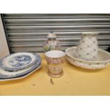 THREE BLUE AND WHITE PLATTERS, A PORTUGUESE JAR AND COVER, A WASHING JUG AND BOWL TOGETHER WITH AN