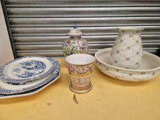 THREE BLUE AND WHITE PLATTERS, A PORTUGUESE JAR AND COVER, A WASHING JUG AND BOWL TOGETHER WITH AN