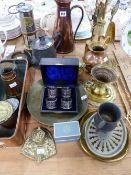 A MINERS LAMP, BRASS A COPPER WARES, CASED