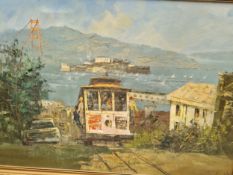 A LARGE OIL PAINTING OF SAN FRANSICO BAY.