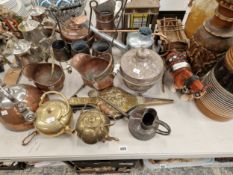 A QUANTITY OF METAL WARES AND THREE VASES