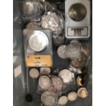 VARIOUS SILVER AND OTHER COINS TO INCLUDE 1881 SILVER DOLLAR IN PROTECTIVE CASE AND ANOTHER DATED