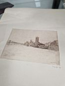 MORTIMER MENPES, A PENCIL SIGNED ETCHING OF THE THAMES LOOKING TOWARDS PARLIAMENT