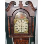 A HOLLIWELL OF LEEDS 19th C. MAHOGANY LONG CASED CLOCK WITH A SWAN NECK PEDIMENT ABOVE THE FIGURE