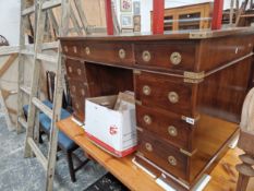 A GOOD QUALITY YEW WOOD CAMPAIGN STYLE PEDESTAL DESK