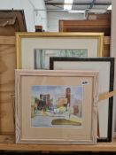 A 20TH CENTURY WATERCOLOUR VENETIAN SCENE TOGETHER WITH THREE PRINTS