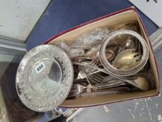 A COLLECTION OF ELECTROPLATE CUTLERY, A DISH AND A COASTER