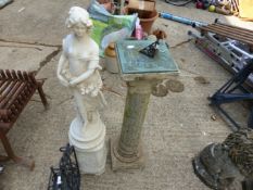 A GARDEN FIGURE OF A LADY ON PLINTH, TOGETHER WITH A SUNDIAL ON COMPOSITE COLUMN