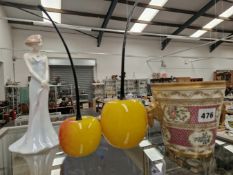 TWO UNUSUAL GLASS APPLE ORNAMENTS, A PORCELAIN VASE AND A COALPORT LADY FIGURINE.