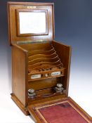 AN EARLY 20th C. MAHOGANY TABLE TOP STATIONERY BOX. THE FALL FRONT LEATHER INSET FOR WRITING AND