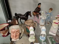 DOULTON FIGURES AND CHARACTER JUGS, TWO WORCESTER CANDLE SNUFFERS AND TWO BESWICK HORSES