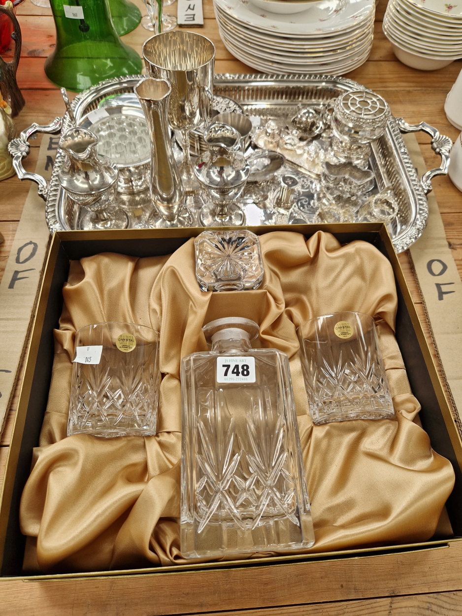 A COLLECTION OF ELECTROPLATE ON A TWO HANDLED TRAY TOGETHER WITH AN ITALIAN SPIRIT DECANTER AND