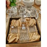 A COLLECTION OF ELECTROPLATE ON A TWO HANDLED TRAY TOGETHER WITH AN ITALIAN SPIRIT DECANTER AND