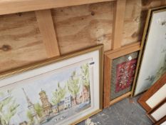 A WATERCOLOUR OF BANBURY CROSS AND TWO ORIENTAL SILKWORK PICTURES