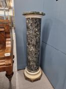 AN ANTIQUE SCAGLIOLA SIMULATED GREY MARBLE COLUMNAR STAND WITH WHITE MARBLE RING AT THE FOOT AND