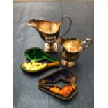 A GEORGE III SILVER CREAM JUG, LONDON 1769, ANOTHER, LONDON 1795, 146.5Gms. TOGETHER WITH TWO