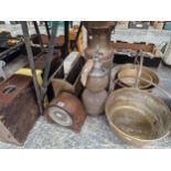 THREE BRASS JAM PANS, A LARGE SODA SIPHON TWO CLOCKS, AND A BRASS STICK STAND