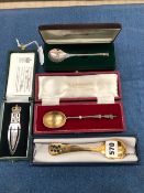 A CASED GEORG JENSON 2002 SILVER GILT SPOON, TWO CASED ENGLISH SILVER SPOONS AND AN EIIR 2002 SILVER