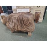 A RARE ANTIQUE STUMP WOOD TABLE WITH LATER GLASS TOP.