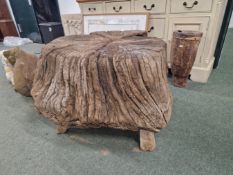 A RARE ANTIQUE STUMP WOOD TABLE WITH LATER GLASS TOP.