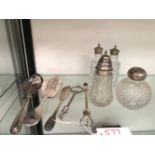 A SILVER TOPPED SCENT BOTTLE AND CASTER, A FIDDLE PATTERN SILVER FISH SLICE, A GEORGE III SILVER