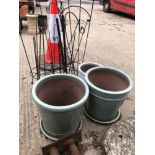 THREE GLAZED PLANTERS, VARIOUS WROUGHT IRON PLANT SUPPORTS AND A BIRD FEEDER