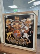 A ENAMELED METAL SIGN WITH ROYAL COAT OF ARMS
