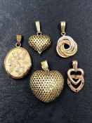 FIVE ASSORTED 9ct GOLD PENDANTS, THREE WITH FULL UK HALLMARKS, LARGE LATTICE HEART, LOCKET AND