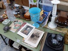 A VINTAGE LARGE COPPER TRAY, VARIOUS PRINTS AND ETCHINGS, A MUSICAL BOX, ELEPHANT ORNAMENTS ETC. (