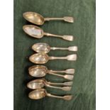 A GROUP OF 19TH CENTURY  HALLMARKED SILVER TEA SPOONS TO INCLUDE A PAIR OF EXETER 1864 EXAMPLES