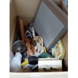 A BOX OF MISC. ORNAMENTS AND A SIDE CHAIR ETC.