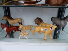 A GROUP OF SEVEN BESWICK FIGURES INCLUDING LION AND LIONESS, HORSES, FOX ETC.