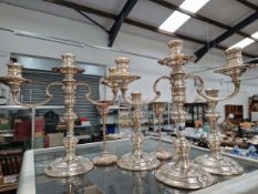 A PAIR OF HALLMARKED SILVER 3 BRANCH CANDLABRA, AND TWO FURTHER PAIRS OF SILVER CANDLESTICKS. ALL