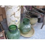 A POTTERY STICK STAND, A BRASS COAL SCUTTLE, TWO GLASS JARS ETC.