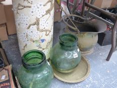 A POTTERY STICK STAND, A BRASS COAL SCUTTLE, TWO GLASS JARS ETC.