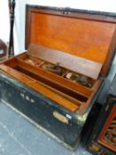 AN ANTIQUE PINE CARPENTERS PINE CHEST CONTAINING VARIOUS TOOLS.