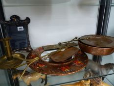 A GROUP OF ART NOUVEAU AND ARTS AND CRAFTS METALWARES INCLUDING A HAMMERED DIDH AND A PHOTO FRAME.