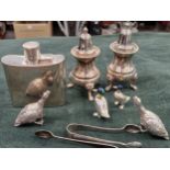 A CONTINENTAL SILVER POCKET FLASK, PLATED SALT AND PEPPER, MINIATURE DUCK FIGURES ETC. (QTY)