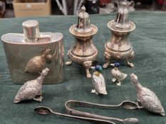 A CONTINENTAL SILVER POCKET FLASK, PLATED SALT AND PEPPER, MINIATURE DUCK FIGURES ETC. (QTY)