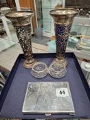 A PAIR OF HALLMARKED SILVER PIERCED VASES, A CONTINENTAL SILVER CIGARETTE CASE AND A PAIR OF