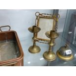 A DESK BELL, CANDLESTICKS, A FRAME AND TWO COPPER PLANTERS.