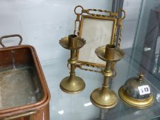 A DESK BELL, CANDLESTICKS, A FRAME AND TWO COPPER PLANTERS.