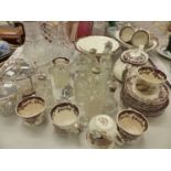 TWO GLASS AND SILVER PLATE CONDIMENT STANDS, A CLARET JUG, TWO DECANTERS, CONDIMENT BOTTLES AND A