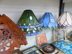 AN UNUSUAL TREEN LAMP SHADE TOGETHER WITH SIX FURTHER GLASS SHADES.