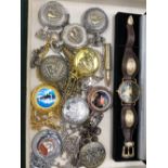 TEN VARIOUS POCKET WATCHES, A RIFLE CARTRIDGE LIGHTER, AND A UNITED STATES OF AMERICA WRIST WATCH.