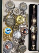 TEN VARIOUS POCKET WATCHES, A RIFLE CARTRIDGE LIGHTER, AND A UNITED STATES OF AMERICA WRIST WATCH.