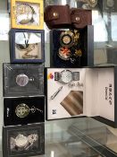 VARIOUS POCKET WATCHES AND A WRISTWATCH, TIE AND GENTS JEWELLERY SET.