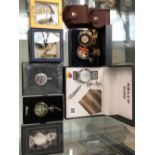 VARIOUS POCKET WATCHES AND A WRISTWATCH, TIE AND GENTS JEWELLERY SET.